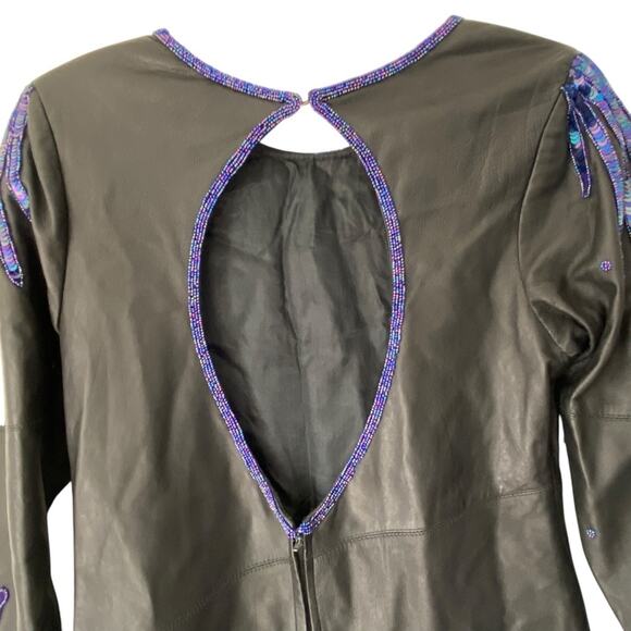 Vintage Black Leather Blue Sequin Beaded Dress size small Unique Groovy - Picture 6 of 9